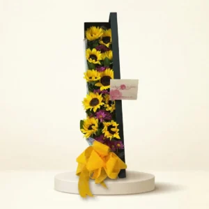 Caja alargada de girasoles con flores complementarias en Bogotá
