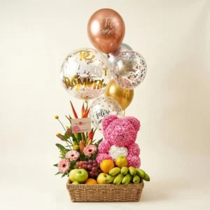 Frutero con oso de foami, globos personalizados, flores y frutas para regalo en Bogotá