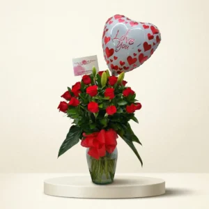 Jarrón de Rosas con Globo en Bogotá | Arreglo Floral Romántico