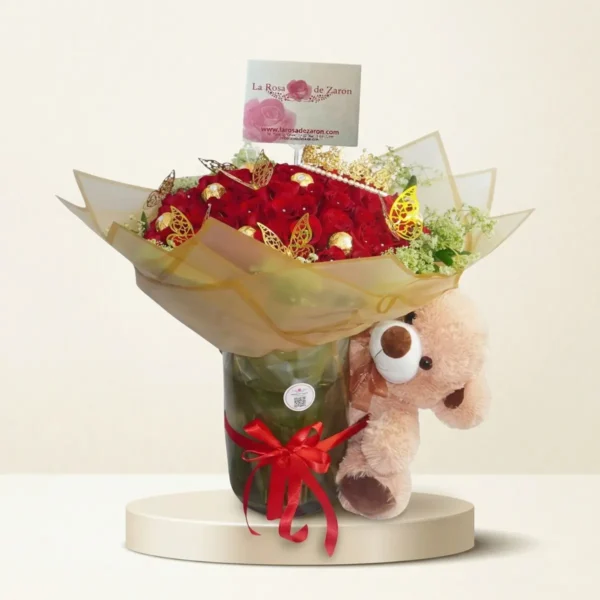 Jarrón Buchón de 100 Rosas con Peluche y Ferrero en Bogotá
