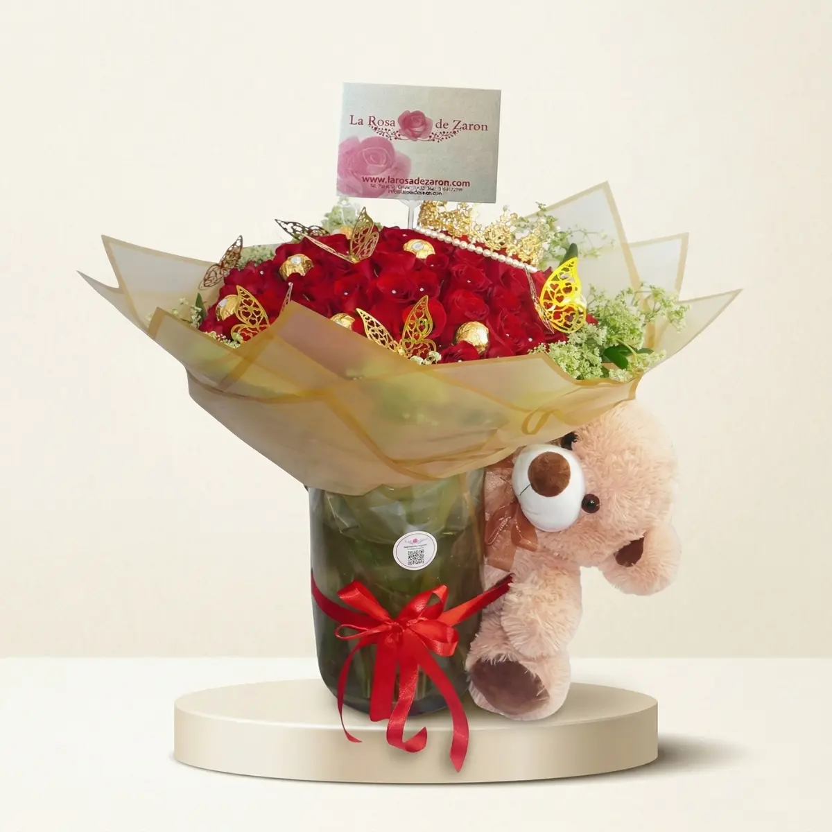 Jarrón Buchón de 100 Rosas con Peluche y Ferrero en Bogotá