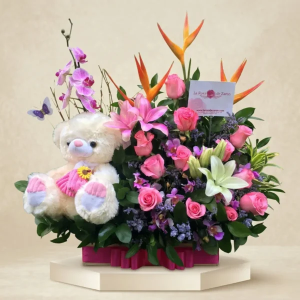 Arreglo de Orquídea y Rosas para Nacimiento en Bogotá | Con Peluche
