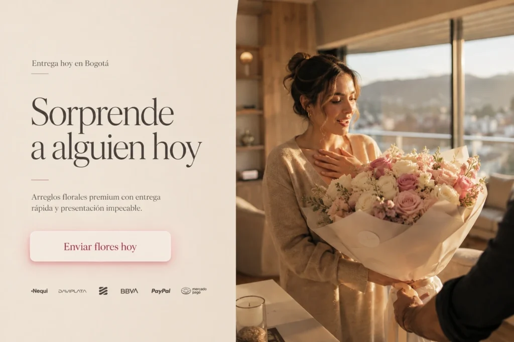 Mujer recibiendo un ramo premium de flores en un apartamento en Bogotá