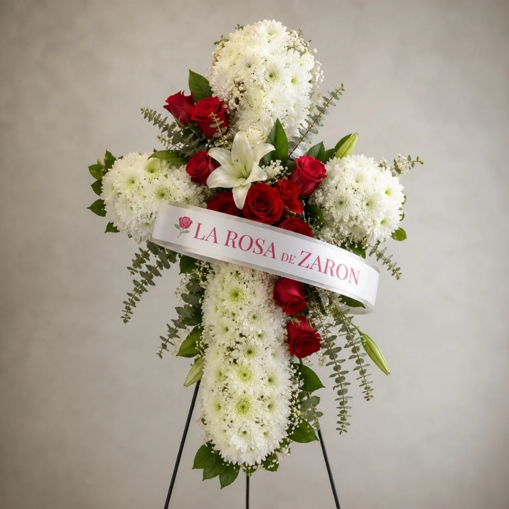 Cruz fúnebre elaborada con flores blancas y rosas rojas, La Rosa de Zarón, floristería en Bogotá con entrega el mismo día