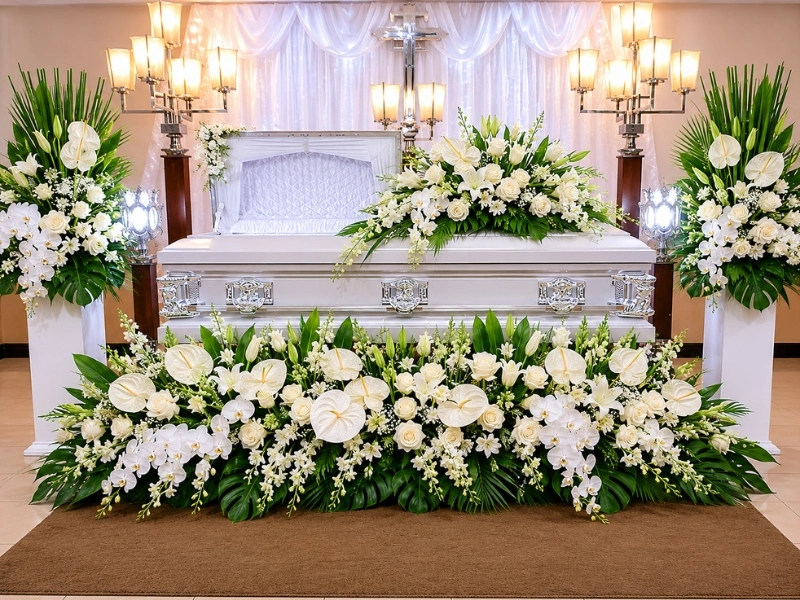 Decoración de capilla ardiente con flores frescas en Bogotá — La Rosa de Zarón, entrega el mismo día