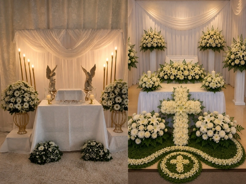 Tapizado completo de ataúd con flores blancas — decoración total del féretro en Bogotá