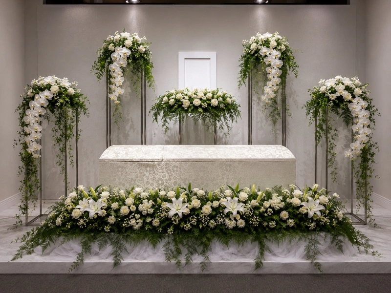 Cruz floral sobre ataúd con flores blancas — decoración para familias católicas en Bogotá