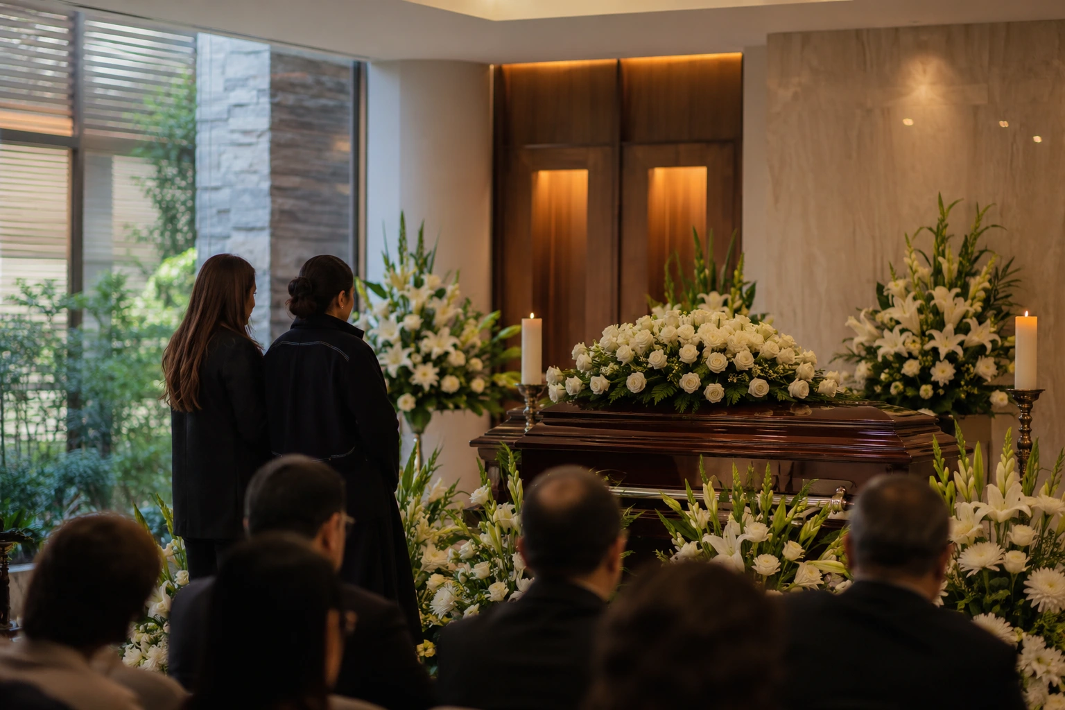 Sala de velación con arreglos florales de La Rosa de Zarón en Bogotá