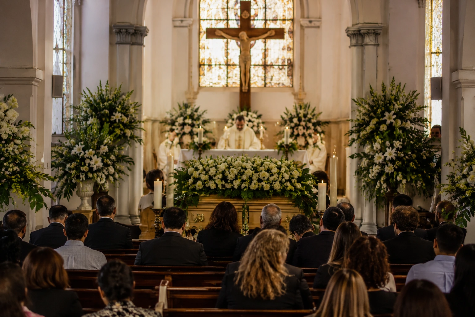 Ceremonia de exequias con flores fúnebres en iglesia de Bogotá, Colombia