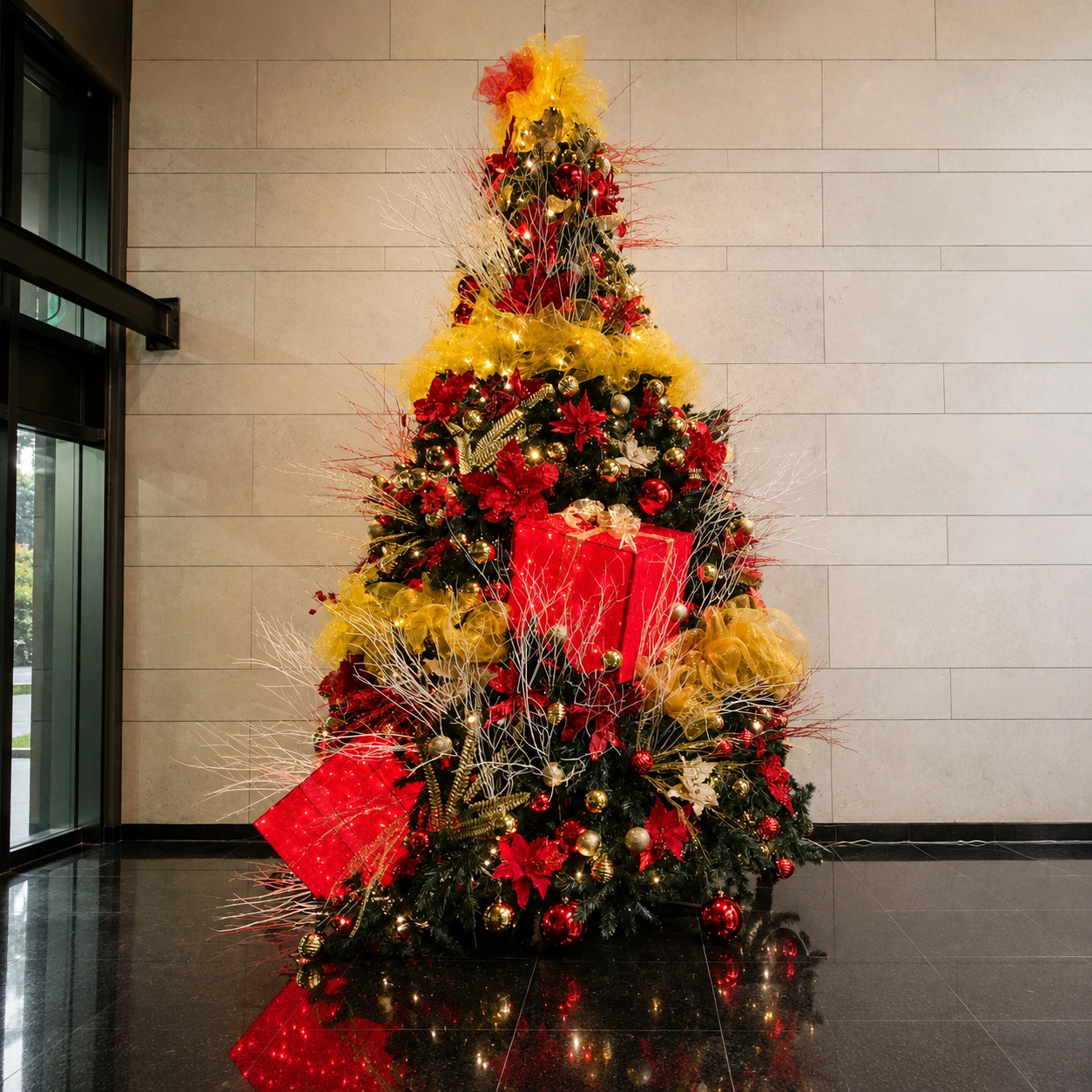 Árbol de Navidad de Gran Formato en Bogotá — Lobbies 4 Árbol de navidad de gran formato rojo blanco y dorado con contraste Bogotá — La Rosa de Zarón