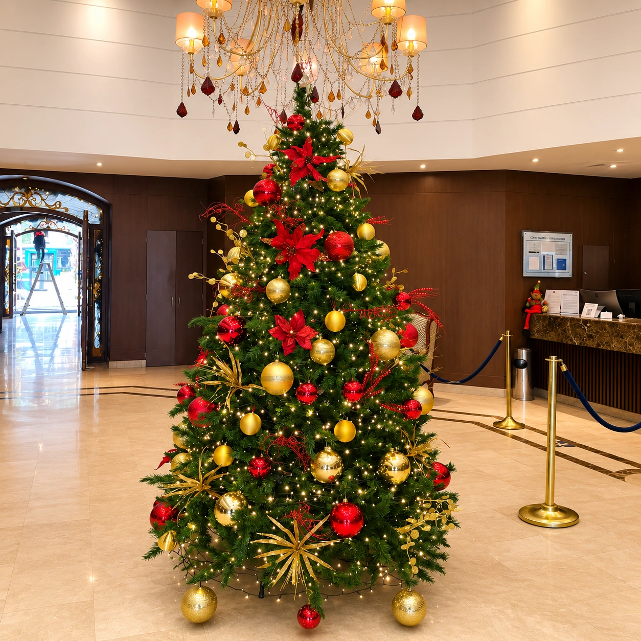 Significado del árbol de navidad — árbol con poinsettias rojas y follaje dorado La Rosa de Zarón Bogotá