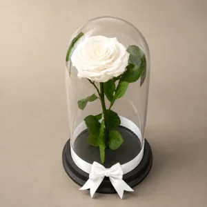 Rosa preservada blanca en cúpula de vidrio con base negra - Bogotá